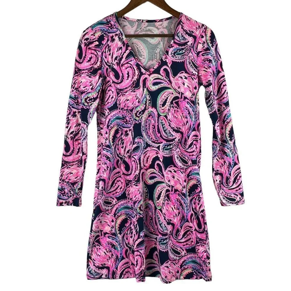 Lilly Pulitzer XS Flock to the Top Long Sleeve ETTA T-shirt Dress Swing V-Neck